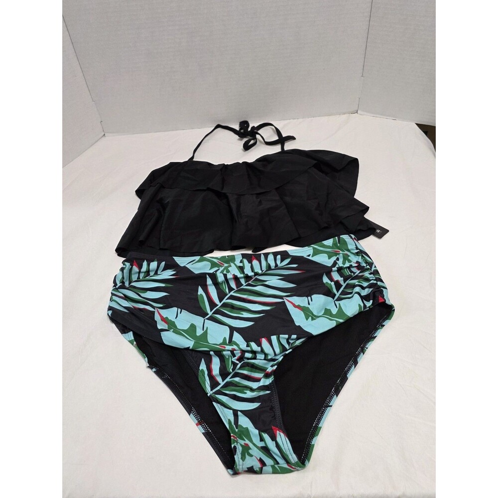 NWT Tempt Me Two Piece Swimsuit Black and Floral Woman's size XXL